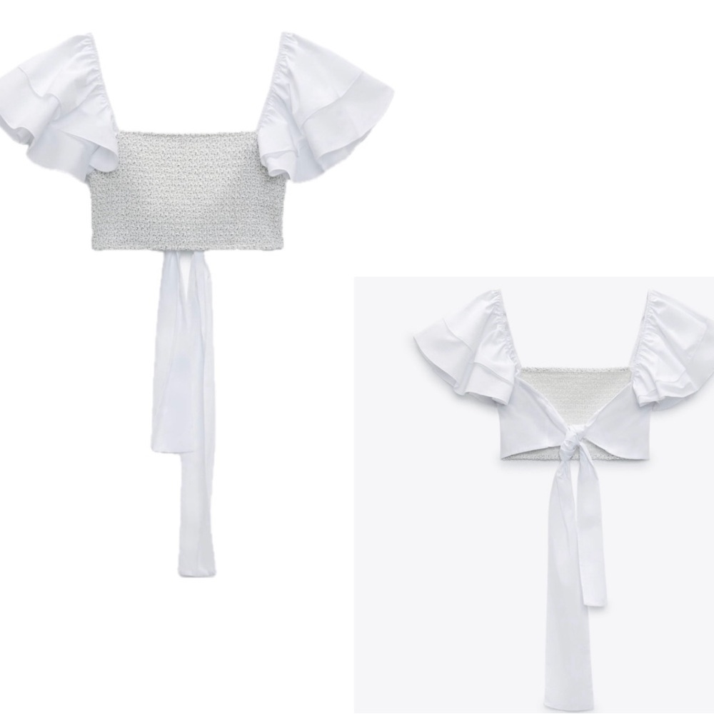 Zara white voluminous ruffle frill sleeve smocked open back crop top back tie L